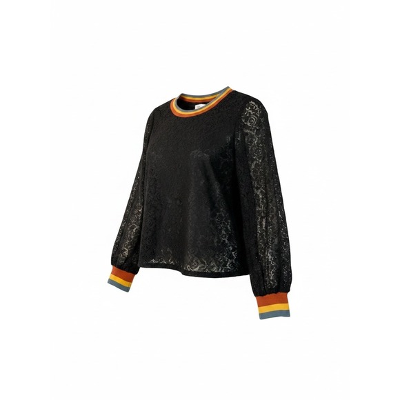 Tulip B Tops - Tulip B Black Lace Long Sleeve Top Striped Ribbed Trim JT2590F9 Womens L